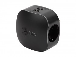 Тройник ЭРА SP-3e-USB-BLACK 3гн, 220V+2xUSB 2100mA c заземл, со шт, черный